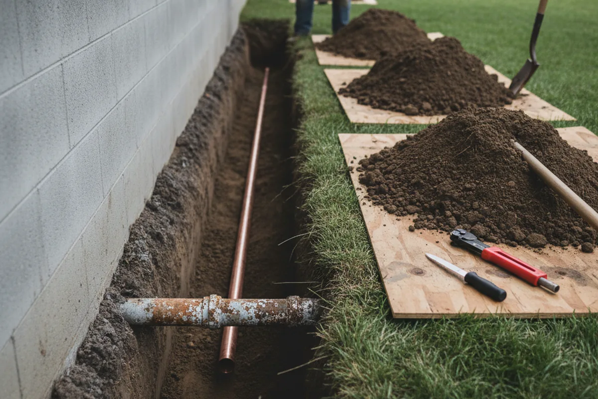 Excavated water line trench during Water Softener Installation in West Eaton